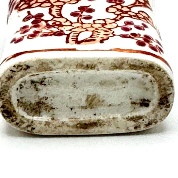 Antique Snuff Bottle Hand-Painted Ceramic With Jade Stopper & Floral Bird Design - Picture 5 of 13